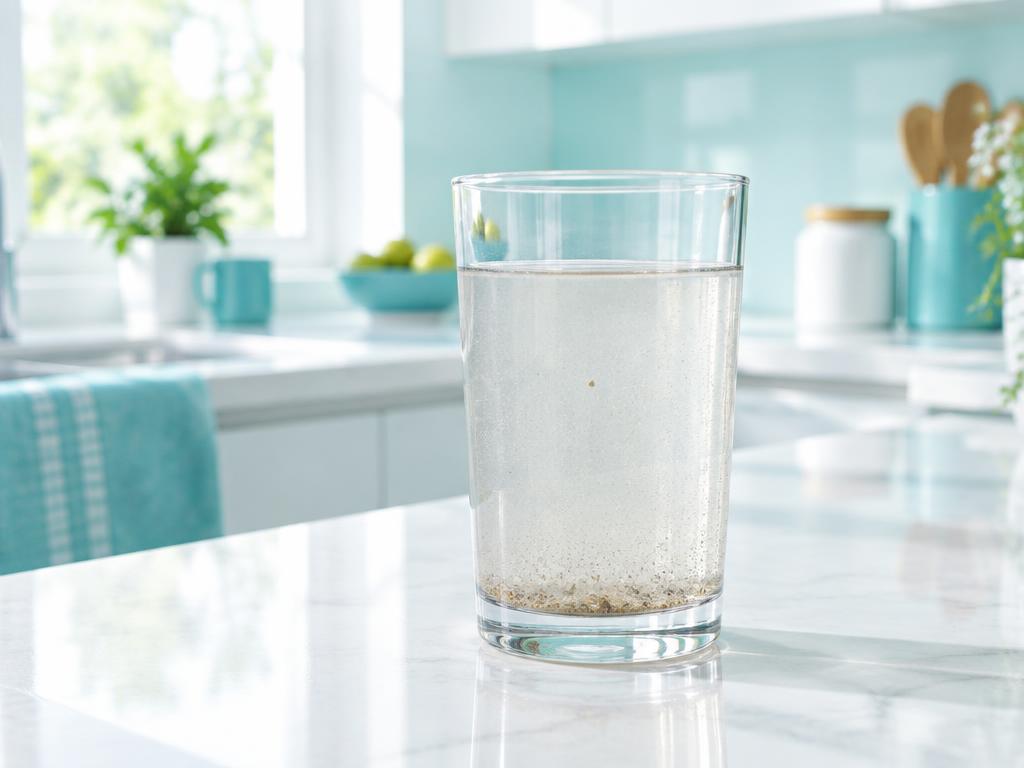 Verre d’eau trouble avec des particules en suspension dans une cuisine