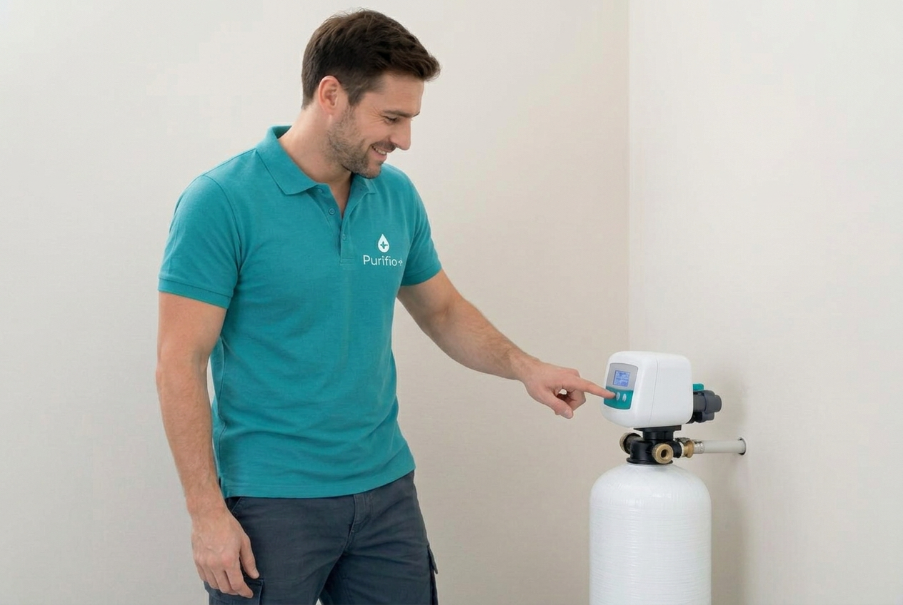 Technicien Purifio+ réglant le programmateur d'un adoucisseur d'eau compact